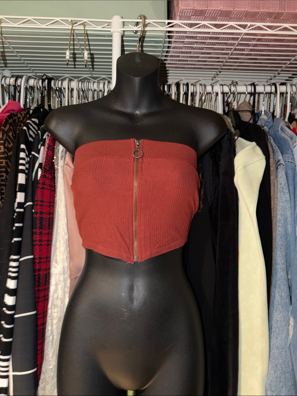 Bozzolo Rust Red Strapless Zip-Front Ribbed Crop Top
